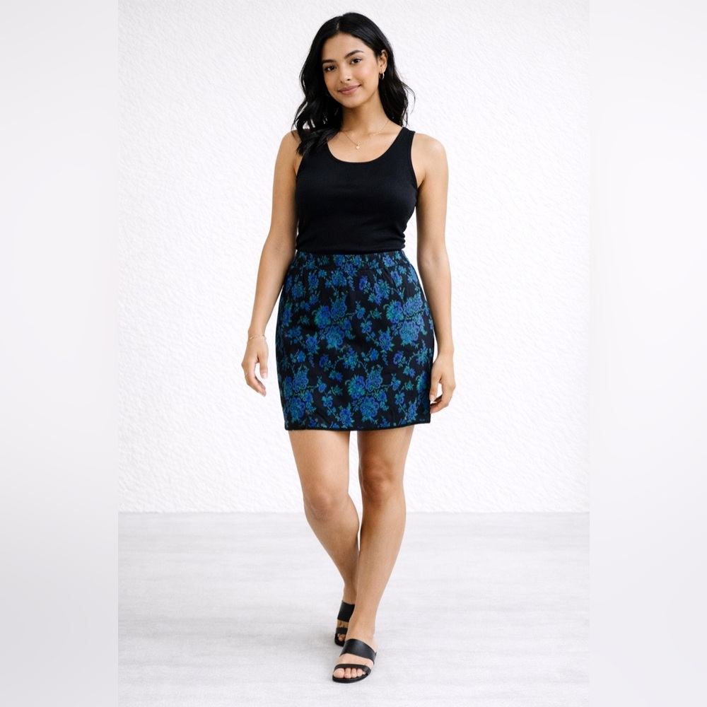 Peruvian Connection Floral Mini Skirt Black Blue Cotton Size XL Vintage Chic